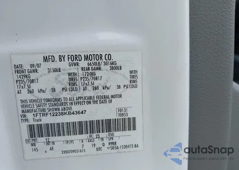 2008 Ford F-150 Stx/Xl/Xlt из США, поврежденный, VIN 1FTRF12238KB43647